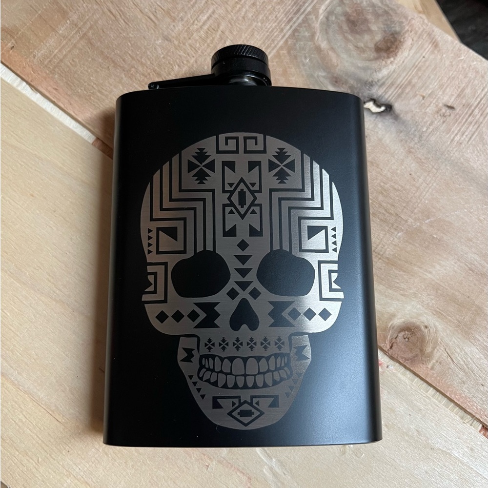 Geometric Patterned Skull Matte Black Stainless Steel 8oz Flask